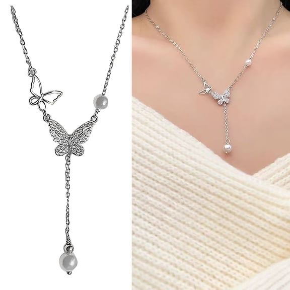 Dademeo Valentines Day Gifts Butterfly Pearl Lariat Necklace Choker for Women Boho Vintage Silver Crystal Y Drop Pendant Necklace Jewelry for Her Girlfriend Wife Mom Anniversary Birthday