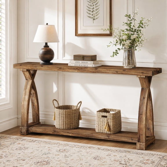 Fnova 63" Farmhouse Solid Wood Console Table, 2-Tier Narrow Entryway Table for Entrance, Hallway, Living Room, Brown