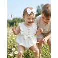 thumbnail image 4 of Aojekbee Baby Girls Rompers Solid Color Ruffles Sleeveless Crew Neck Bowknot Skirt Hem Infant Bodysuits Jumpsuits with Headband, 4 of 8