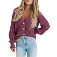 thumbnail image 4 of Fshiont Women's Chunky Knit Open Front Sweater Long Sleeve Button Loose Short Cardigan Outerwear Coats Light Purple S, 4 of 7