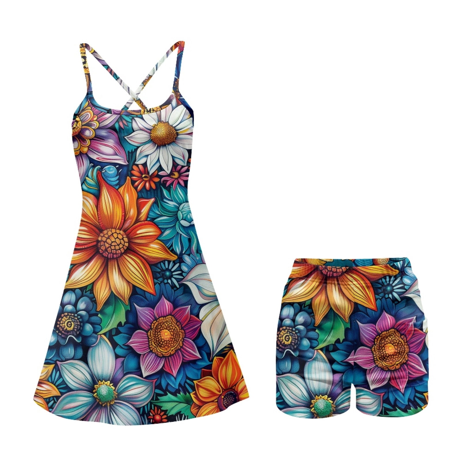 Yuyamidu Boho Flower Blossom Womens Tennis Dress, 2 Pieces Comfortable Golf Workout Dress with Shorts, Women's Spaghetti Strap Activewear Dresses Size XS