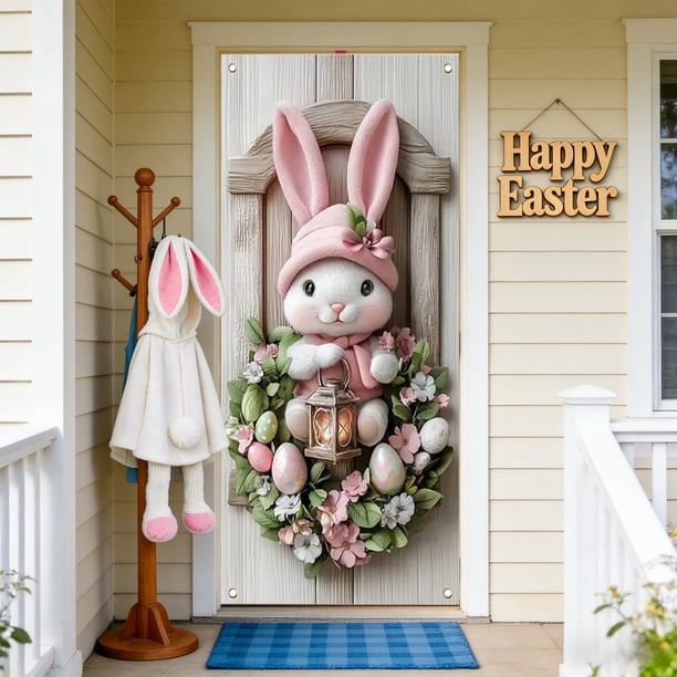 Decoraciones de Pascua, adornos de Pascua, regalos de Pascua, cortina de puerta de Pascua, decoración de conejos y huevos de Pascua, cubierta de puerta de festival, cubierta de puerta de fibra de poli