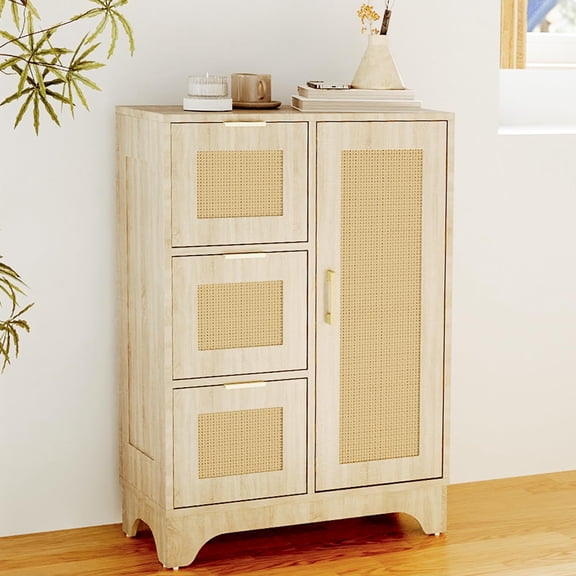 Standard Color Storage Cabinet With Rattan Drawers And Door, Boho Accent Cabinet With 3 Drawers & Adjustable Shelf