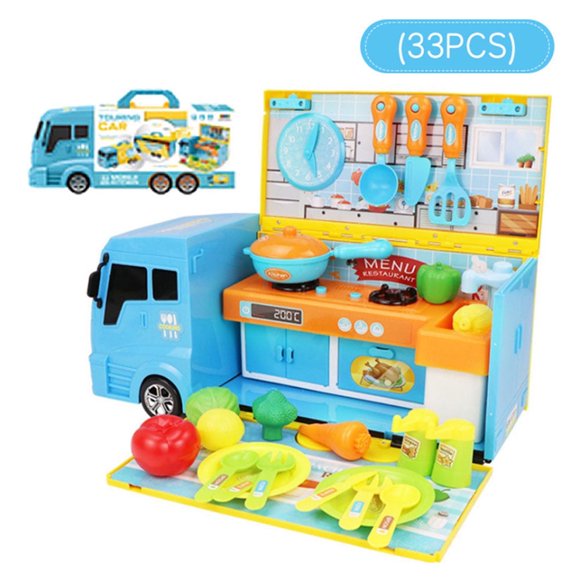 33 PCS Food Truck Playset for Kids Kitchen Car with Simulation Cooking Food Lights Sounds Kitchen Accessories Set for Boys Girls