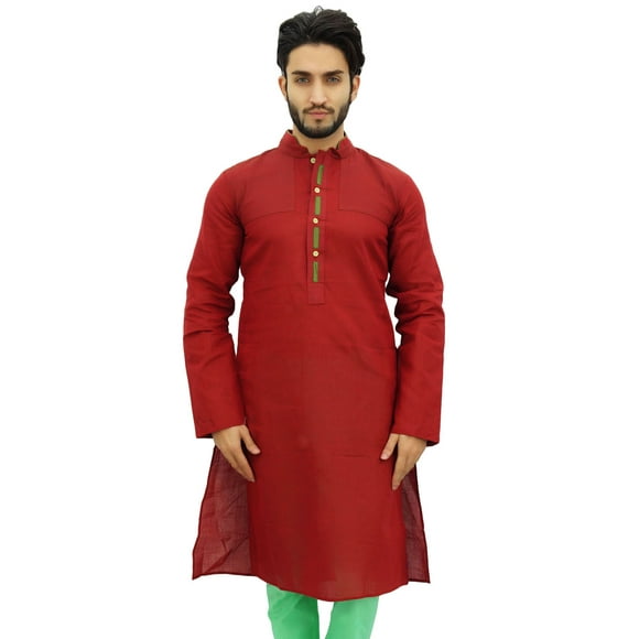 Atasi Men's Casual Linen Long Kurta Red Ethnic Designer Shirt Wear-Medium
