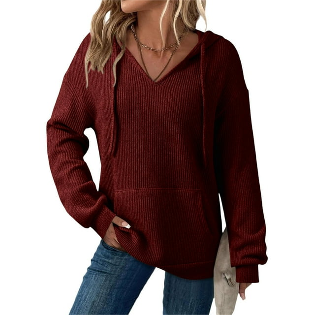 Xdegoge Womens Hoodies Sweatshirts Oversized Sweatshirts Ribbed Knit Long Sleeve Drawstring V Neck Casual Pullover Sweatshirt Hooded Tops Plus Size Fall Winter Clothes with Pockets Wine L