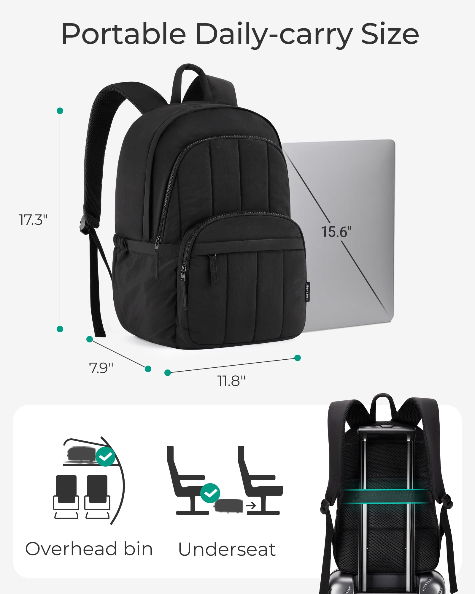BAGSMART Lightweight Unisex Backpack, Computer Daypack for 15.6" Laptop, Water-Resistant Work Back Pack College Bookbag, Casual Commute Trip, Puffer Black