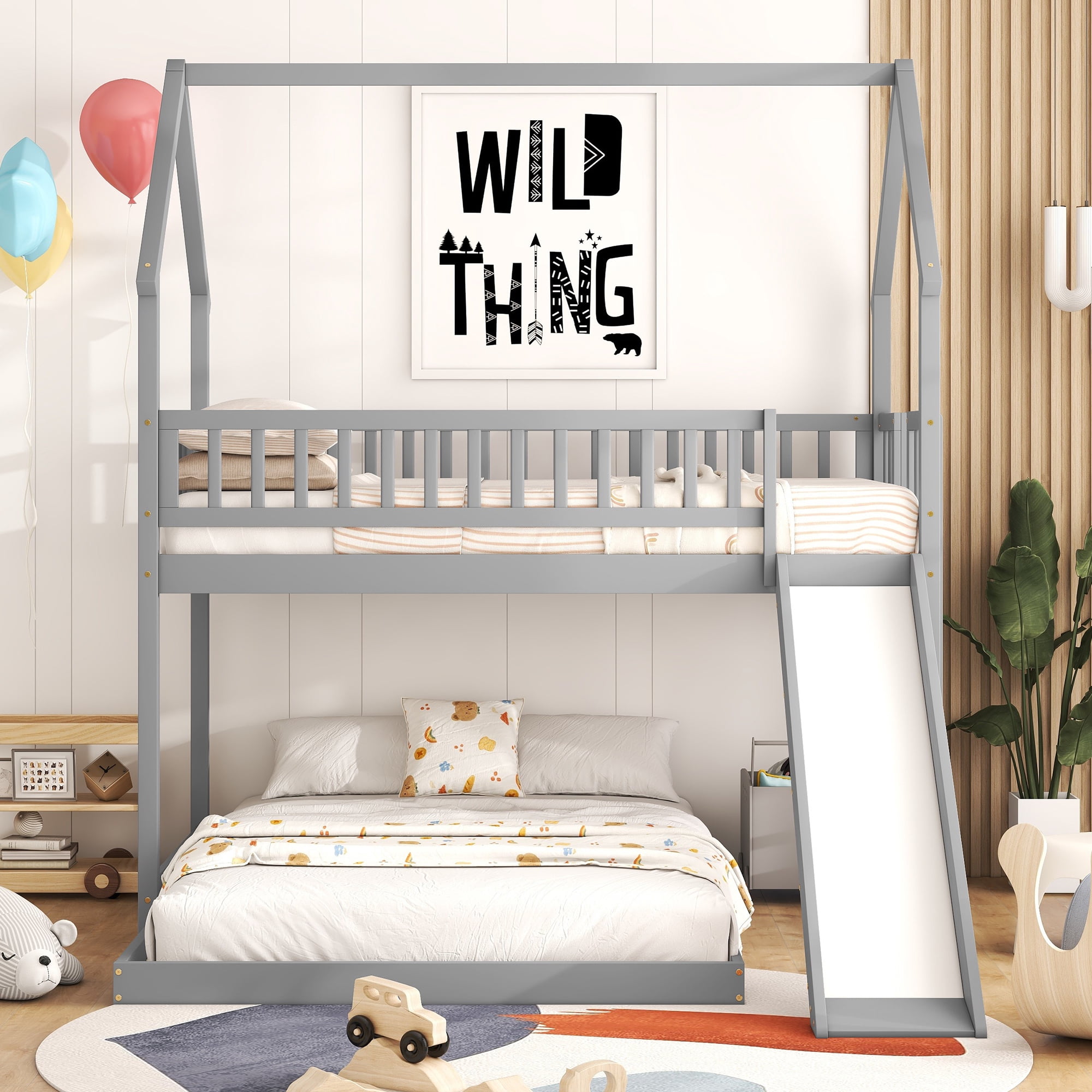 Euroco Modern Wood Twin over Full House Bunk Bed for Kids Teens Bedroom, Gray