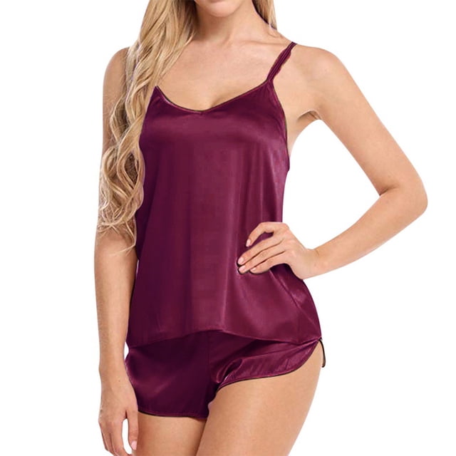 Pajama Women Sexy Pajamas Set Simulation Silk Thin Pajamas Set V-Neck Camisole Sleeveless Shorts Female Pajamas Sleepwear For Women pangjing