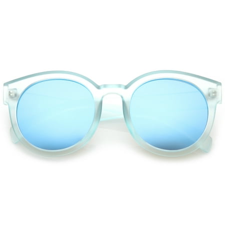 Women's Translucent Frost Horn Rimmed Mirrored Flat Lens Round Sunglasses 54mm (Blue / Blue Mirror)