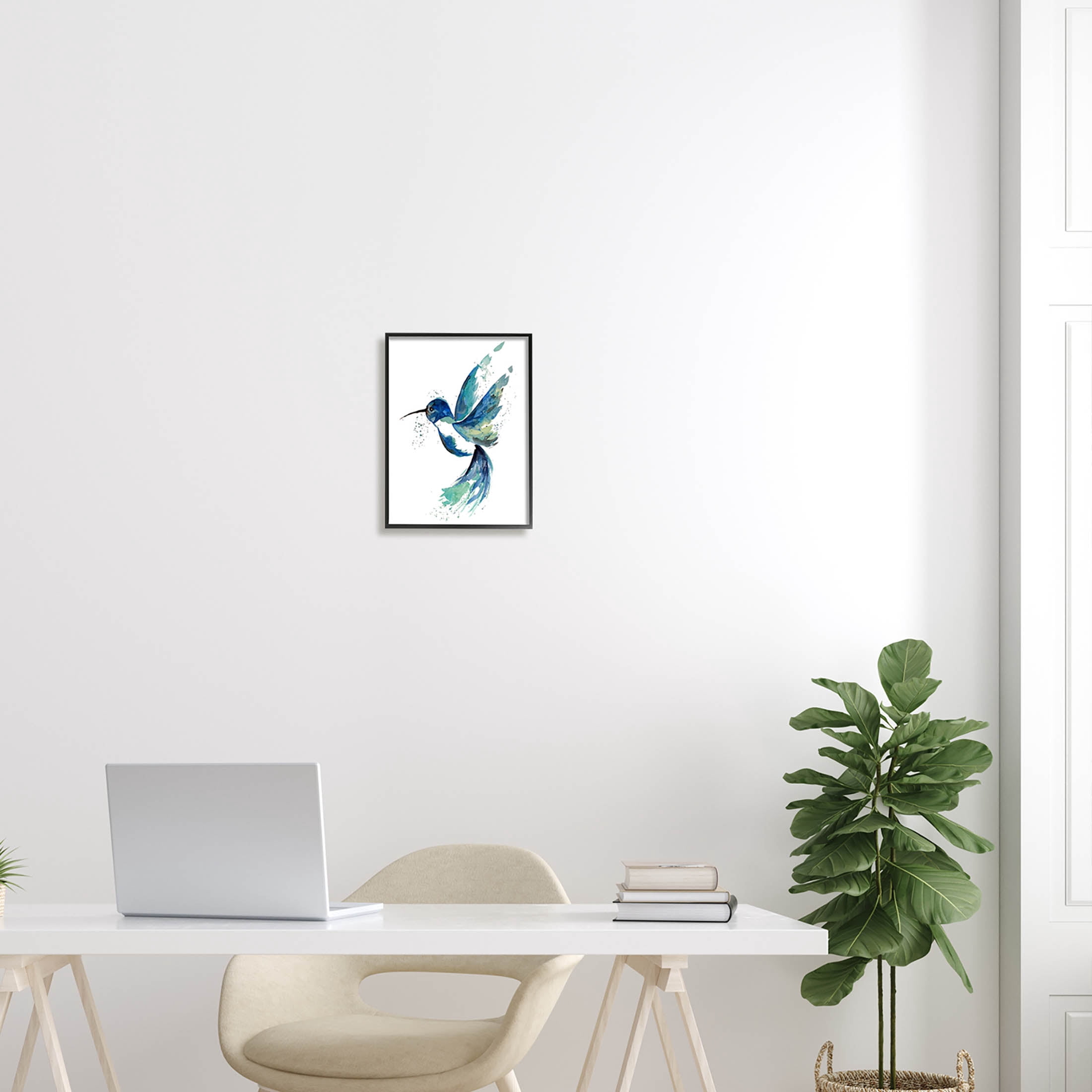 Modern Blue Hummingbird Flying Animals & Insects Graphic Art Black Framed Art Print Wall Art