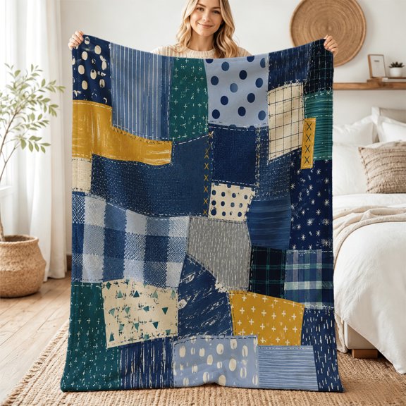 Taplcvy Handmade Denim Patchwork Flannel Throw Blanket, Unique Decor Gift, 50" x 60"