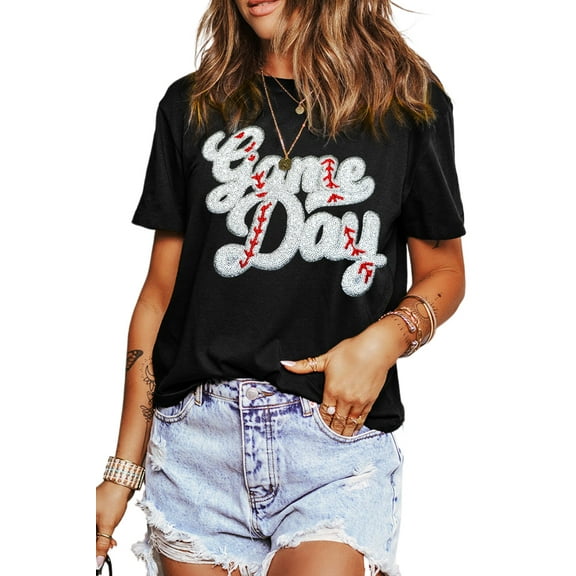 Women's Black Sequin Game Day Graphic Crew Neck Tee