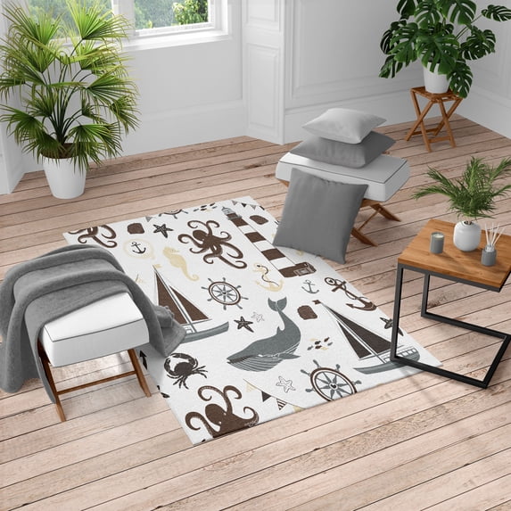 Nautical Turkish Area Rug, Pastel Colored Composition of Lighthouse Sailboat Fish Shells Octopus, Soft Carpet for Living Room Decor with Distressed Look, 5.2' X 7.6', Chocolate and Grey, by Ambesonne
