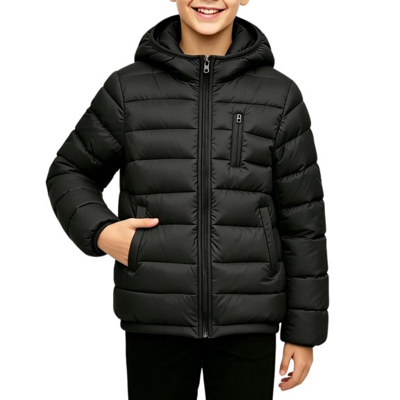 TKKCS Boys Hooded Puffer Jacket Lightweight Zip Up Windproof Soft Warm Winter Coat with Pockets Black 11-12 Years