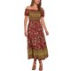 thumbnail image 2 of Vestido Boho de Mujer Inspire Chic con Mangas Cortas Abullonadas, Off-Shoulder, Floral, Smocked, Maxi, Color Rojo, Talla XS, 2 of 6