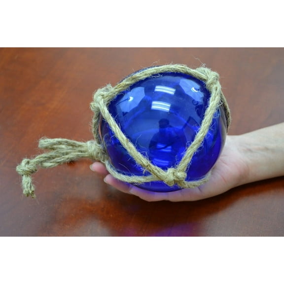 Reproduction Cobalt Blue Glass Float Ball With Fishing Net 5"