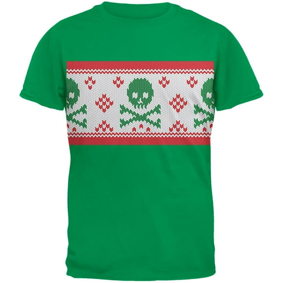 Knit Skull And Crossbones Ugly Christmas Sweater Green Adult T-Shirt - Small