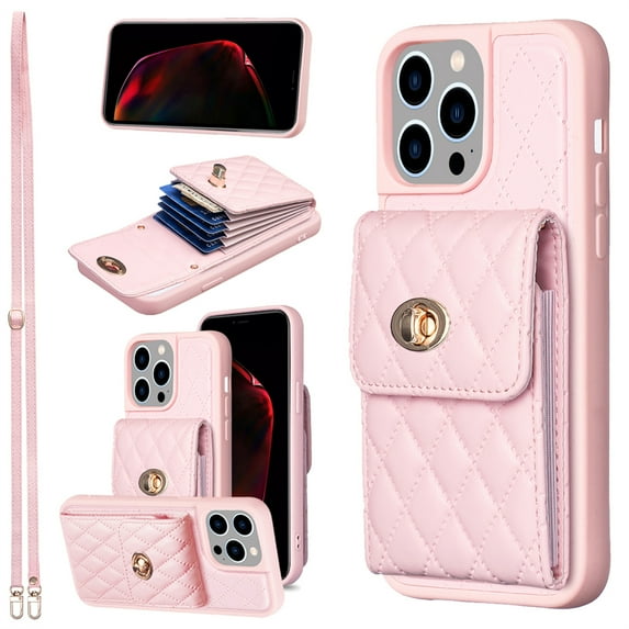 ELEHOLD Luxury Wallet Case for iPhone 11 Pro Max Case Organ Card Slots Holders PU Leather Metal Snap with Crossbody Shoulder Strap Shockproof Elegant Purse Case,pink
