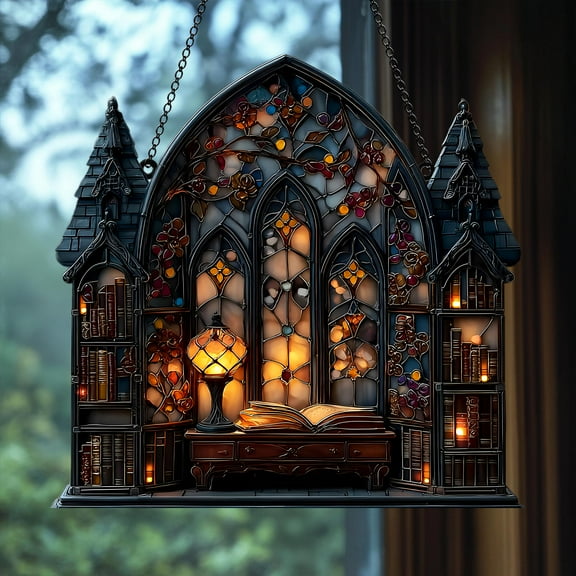 Gothic Library Wavy Acrylic Suncatcher â€“ Faux Wavy Acrylic Window Decor with Halloween Books and Lamp, Halloween Decor for Readers and Writers