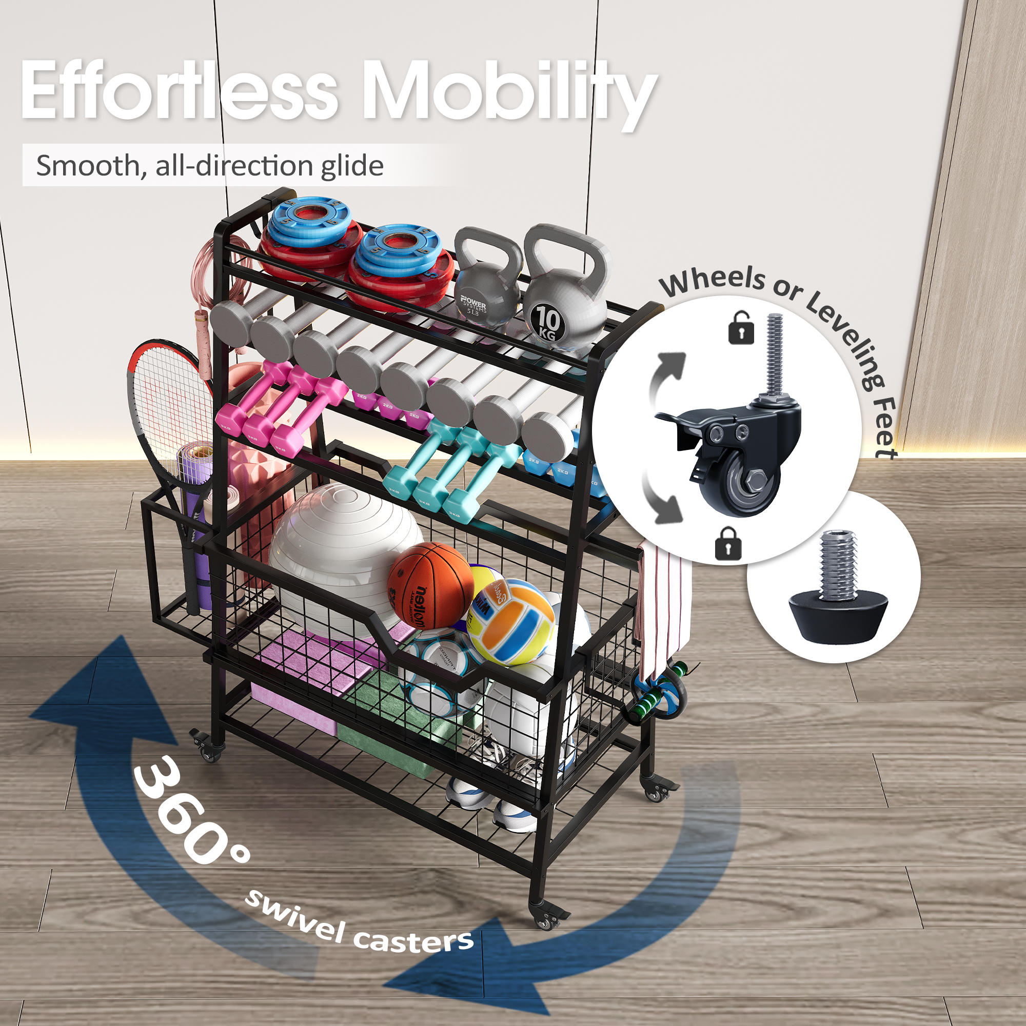 Advwin Dual-Sided Dumbbell Rack, Adjustable All-in-one Home Gym Storage Rack for Dumbbells, Kettlebells, Yoga Mats, Foam Rollers, Workout Equipment Storage Organizer with Hooks & Wheels