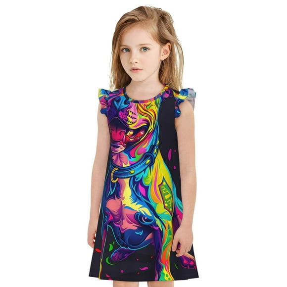 Vsdgher Neon Pop Art Pitbull for Girls Nightgowns Toddler Flutter Short Sleeves Nightdress Nightie Dress Sleepwear Pajamas for Pajama Party-Large