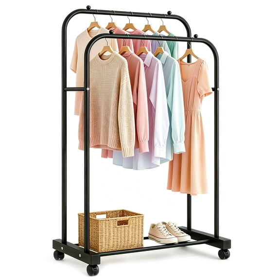 GARITIN Clothes Rack, Garment Rack, Rolling Heavy Duty Double Rod Clothing Rack with Wheels, Portable Closet Rack for Hanging Clothes for Bedroom, Laundry, Entryway, Black