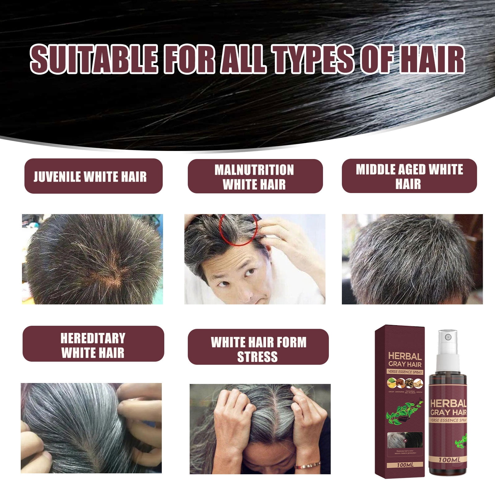 Alvantor Herbal Gray Hair Essence Spray - Natural Color Restoring & Scalp Care, 3.38fl.oz