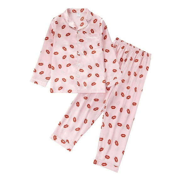 VNKIDY Girls Outfits Children Kids Cozy Cartoon Lip Prints Home Wear Outfit Silk Long Sleeve Lapel Button Down Top Wide Leg Pants Set Soft Outfits