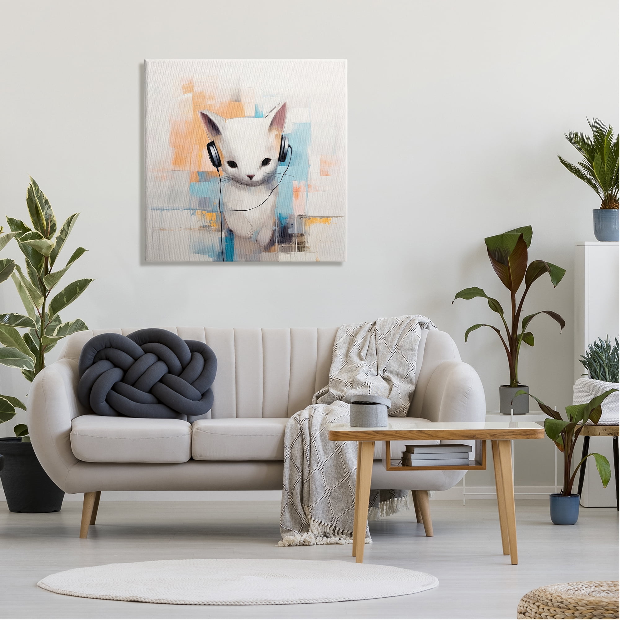 Stupell Industries Cat with Headphones Abstract Animals & Insects Painting Gallery Wrapped Canvas Art Print Wall Art, 30 x 30