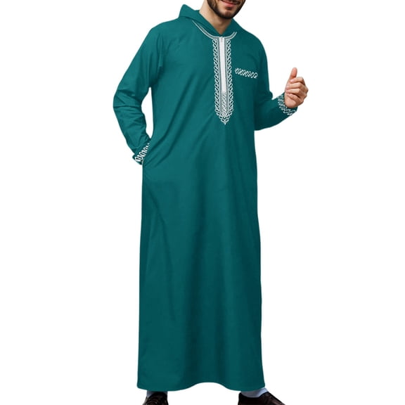 SIYUDAN Thobe for Men Kaftan Casual Long Sleeve Robe for Men Loose Fit Hooded Muslim Thobes Green Kaftan