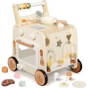 Wooden Baby Walker, 3-in-1 Baby Push Walker, with Pretend Kitchen, Montessori Sensory Activity Center, Push Walker Toys for Babies Learning to Walk, Sit-to-Stand
