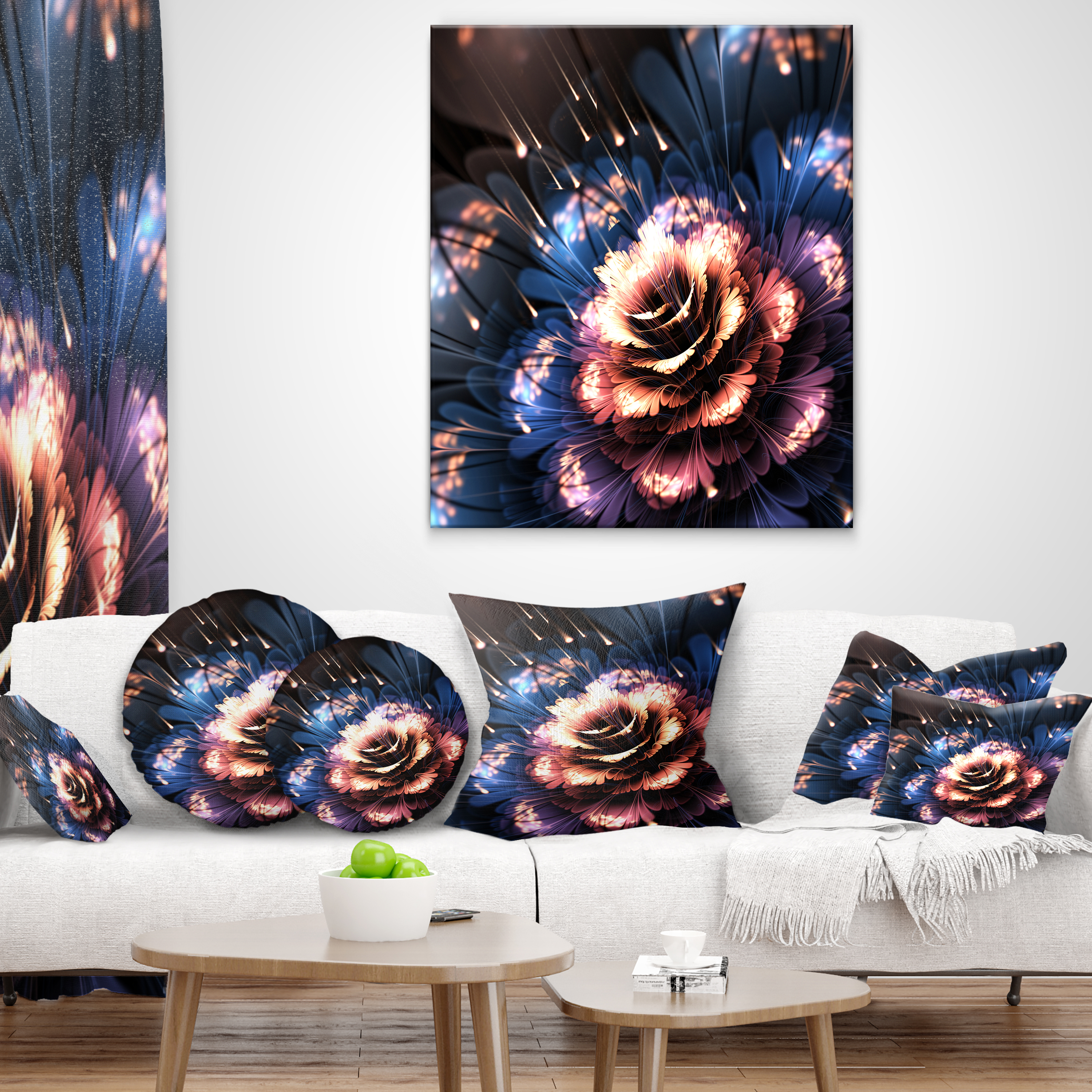 Designart Fractal Flower Orange and Blue - Floral Throw Pillow - 16x16