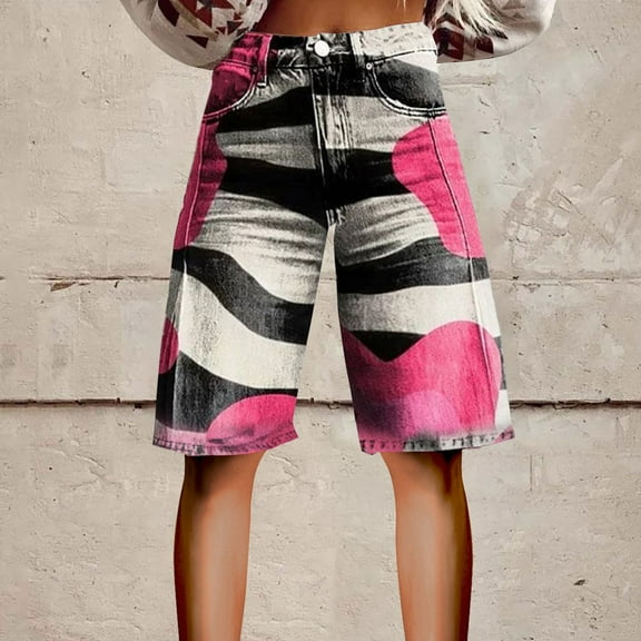 Stephy Flare Denim Shorts for Women Wide Leg Denim Shorts Woman Vintage Floral Print High Waisted Straight Stretch Pants with Pockets, Black, L