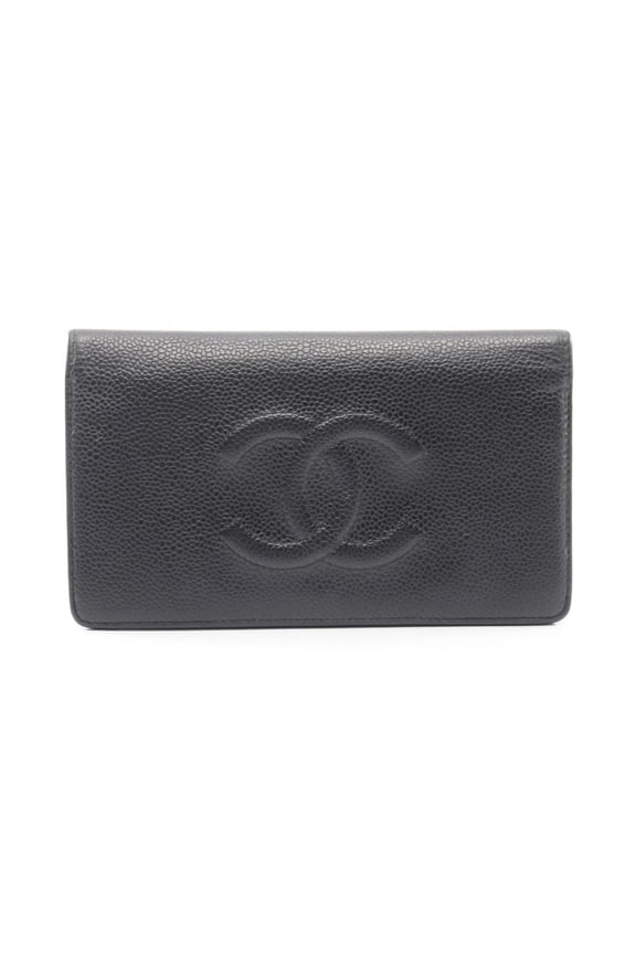 Pre-Owned Chanel Coco Mark Bi-fold Long Wallet, Caviar Skin (Grained Calfskin), Women's, Black