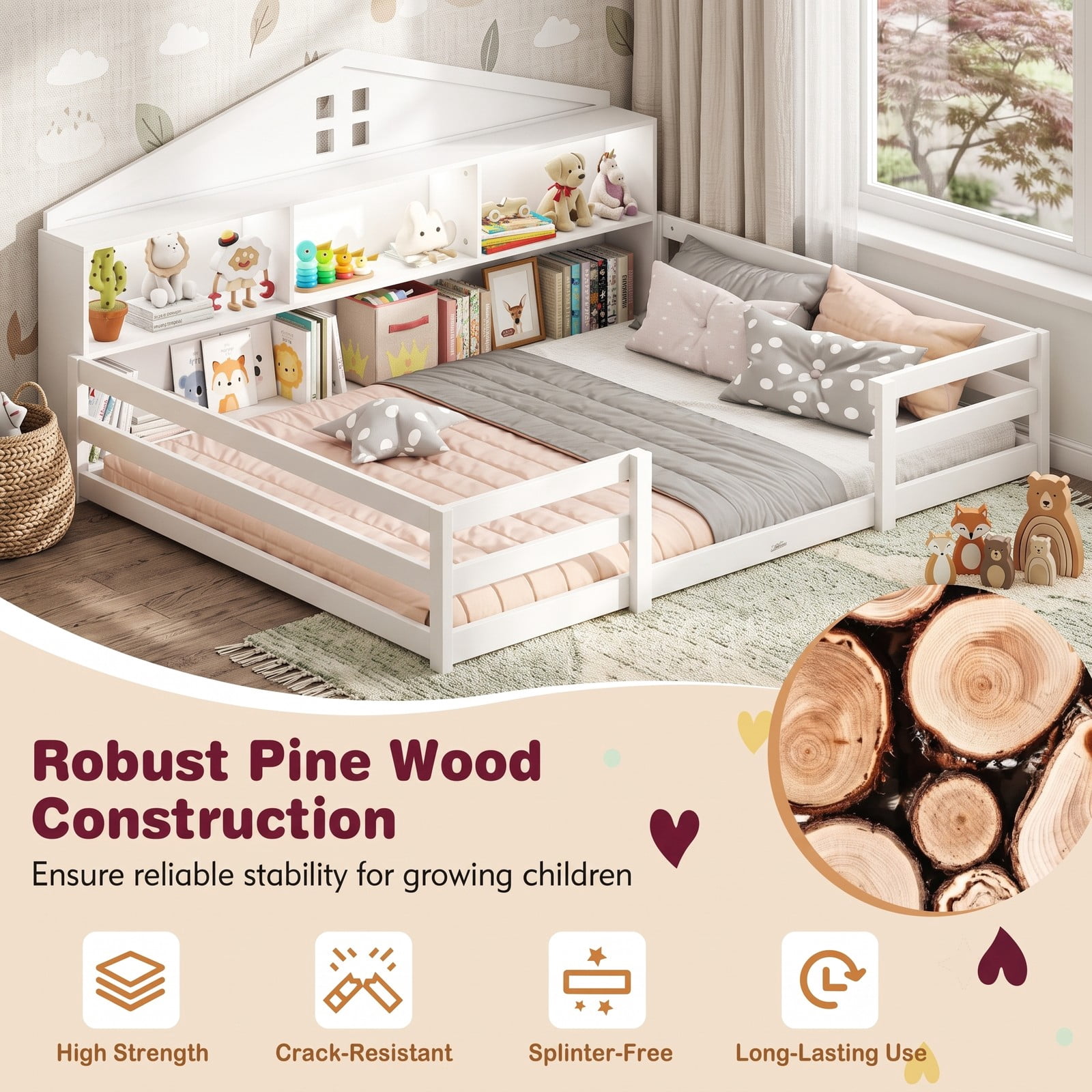 Furnibear Full Size Bed Frame Montessori Floor Bed with House Headboard and LED Lights, Kids Room Floor Bed Frame with Storage, White