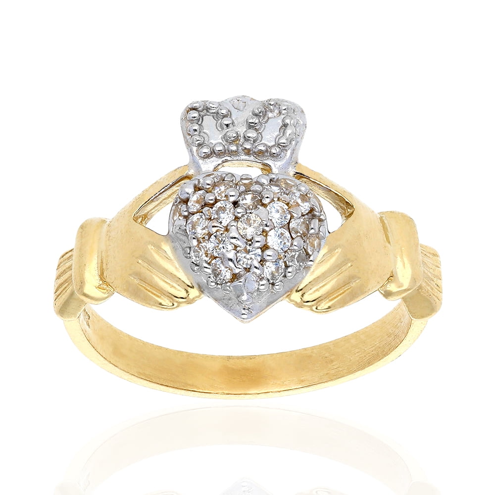 Claddagh Diamond Irish hands heart crown 10K yellow gold ring 3-stone friendship 