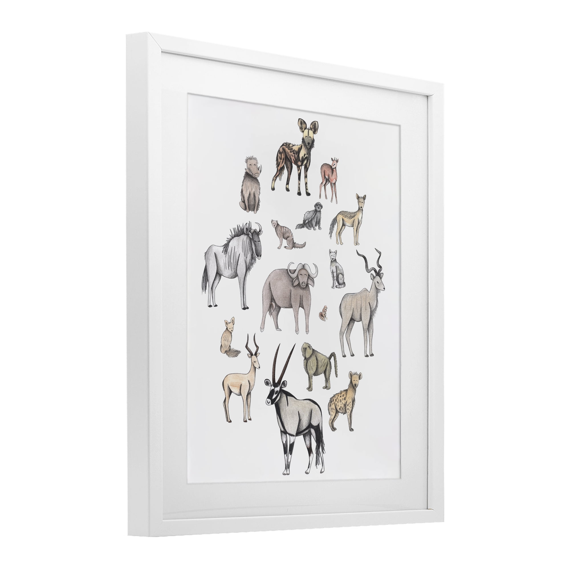 Simple Africa Animals White Framed Print Under Glass, design by Cecilia Battaini