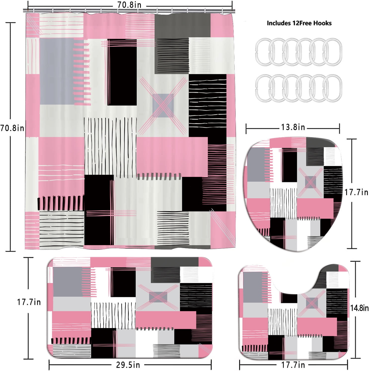 All Smiles 4-Piece Bathroom Sets Shower Curtain Set with Non-Slip Rug and Toilet Lid Cover,Pink
