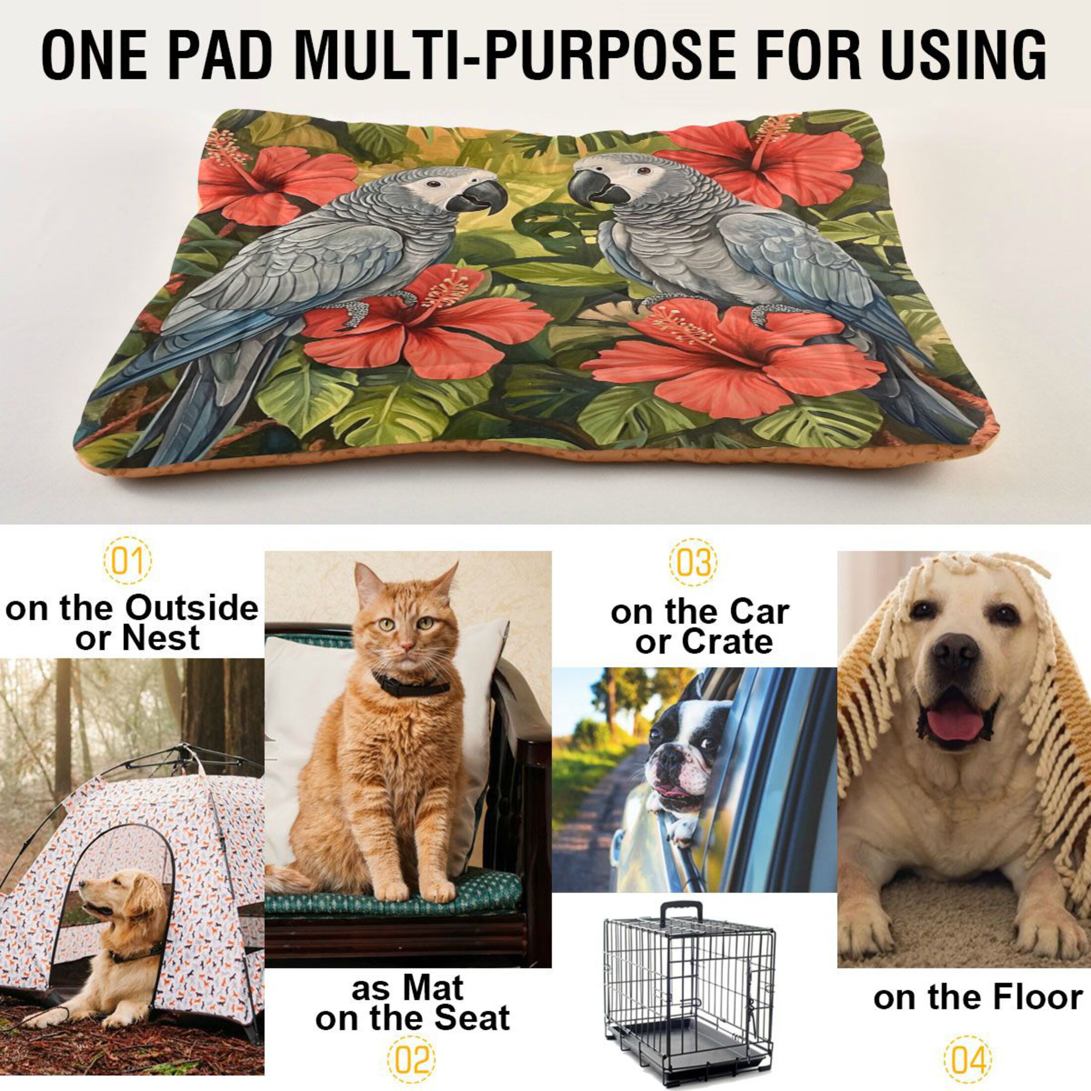 Qxltty Two Playful Gray Parrots Ped Pad Wear-resistant and Hard to Bite Through Sleeping Pad for Small Medium Large Dogs Winter Pet Bed 36×24in