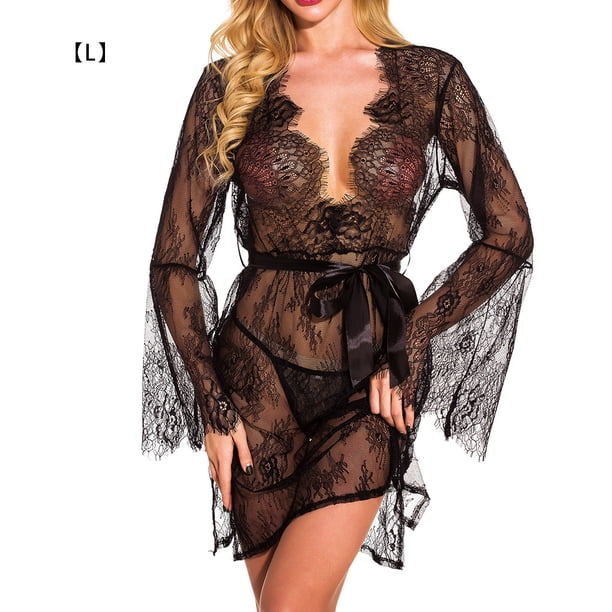 Traje de ropa interior Mujer Vestido de encaje sexy Vestido transparente Bordado Lencería, L kenally XX000101-03