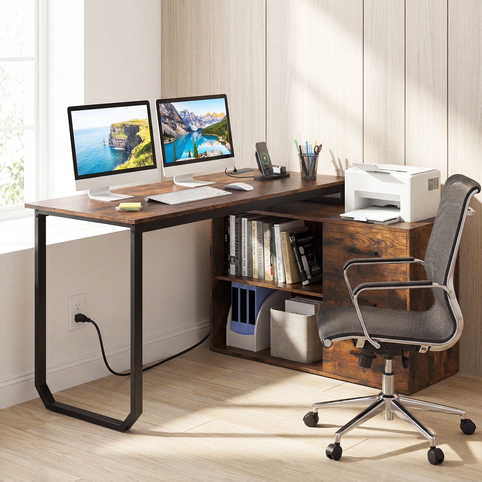 Costway L-Shaped Desk with Power Outlet 55" Reversible Computer Desk with 3 Drawers Rustic Brown & Black