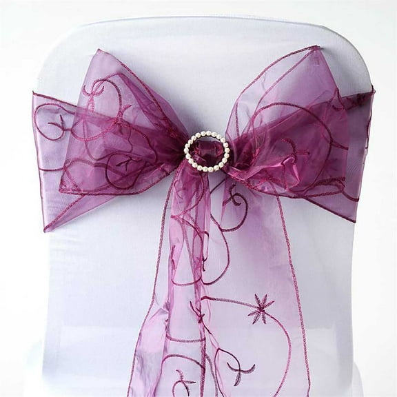 BalsaCircle 10 Eggplant Fancy Embroidered Sheer Organza Chair Sashes Bows Ties