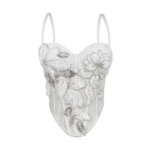 KHONTS Corset Tops for Women Floral Beaded Bustier Underwire Padded Crop Tops Adjustable Spaghetti Straps Tank Tops for Nightclub Going out Halloween Party White XL