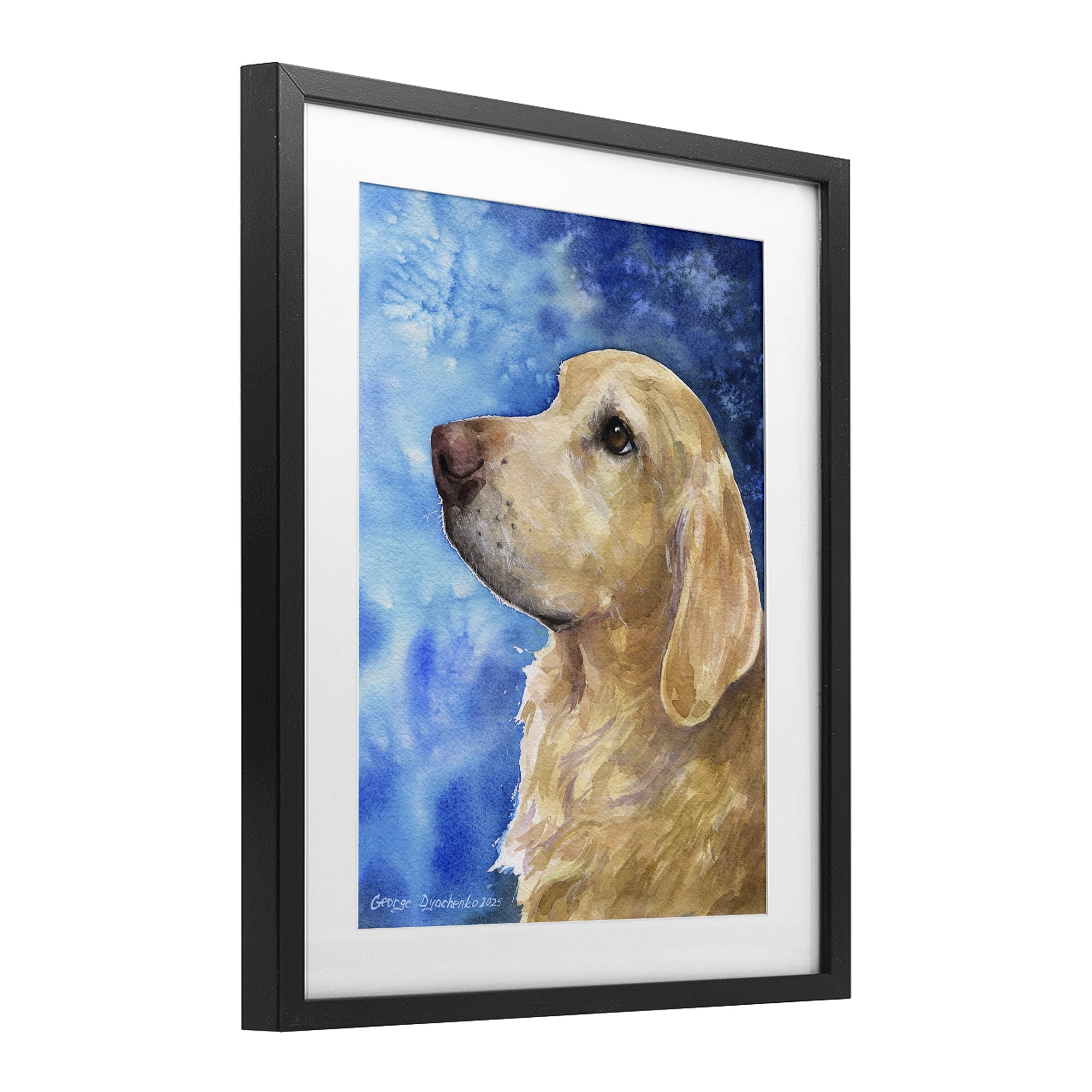 Stupell Industries Golden Retriever Portrait on Azure Black Framed Print Under Glass, design by George Dyachenko