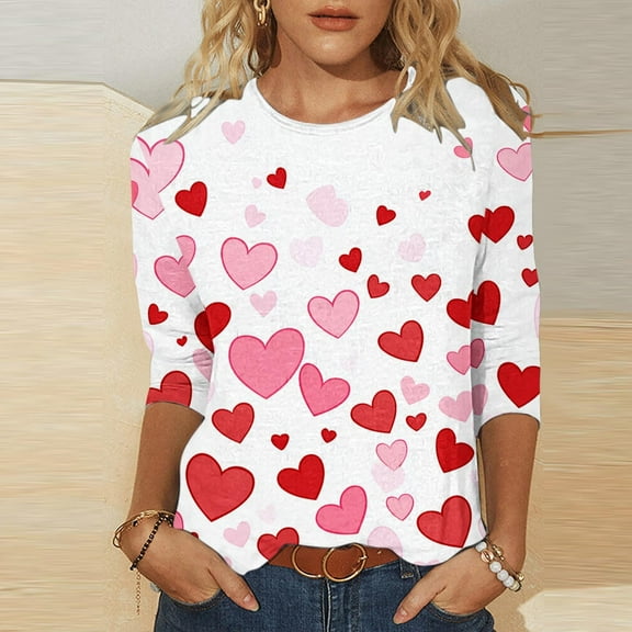 mihongmao Womens Plus Valentine Tops Women's Valentine's Printed Crew Neck 3/4 Sleeve T-Shirt Loose Red 2X