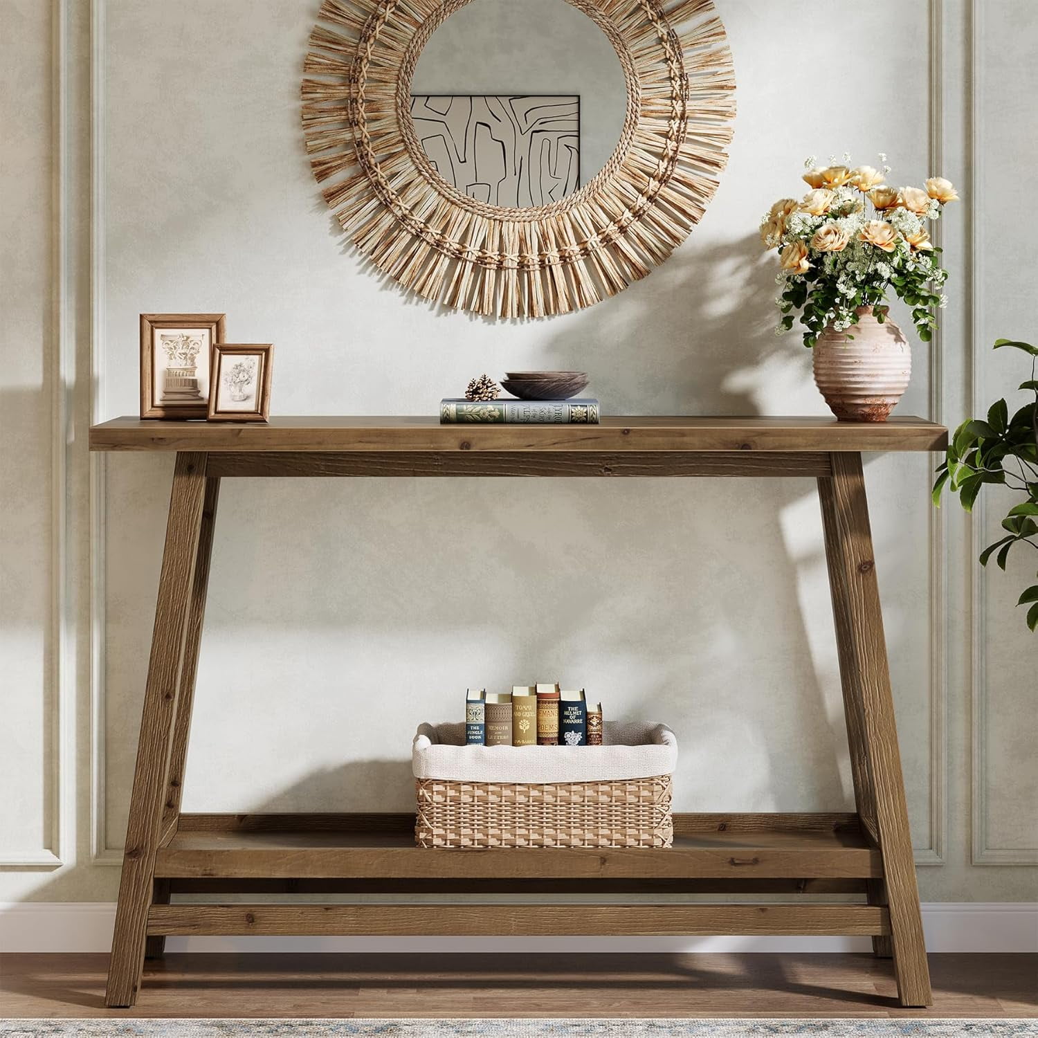 Tribesigns 41.3" Farmhouse Console Table, Solid Wood Entryway Table with Storage Shelf for Living Room, Hallway, Foyer, Easy Assembly, Brown