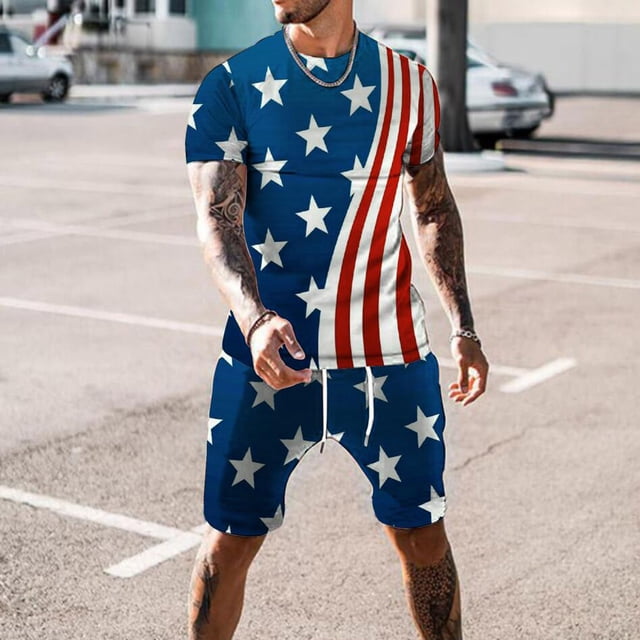 cllios Men's 4th of July Outfits 2 Piece Patriotic Red White and Blue Graphic Tees Athletic Crew Neck Top and Muscle Drawstring Shorts Sets Track Suits