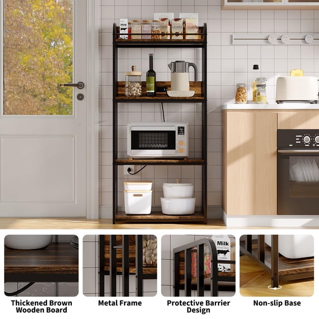 Adjustable 4-Tier Bakers Rack with Heavy-Duty Metal Frame – Freestanding Microwave Stand & Utility Shelf for Kitchen, Living Room, Garage – Practical Storage Organizer – Golden Armor, With Socket