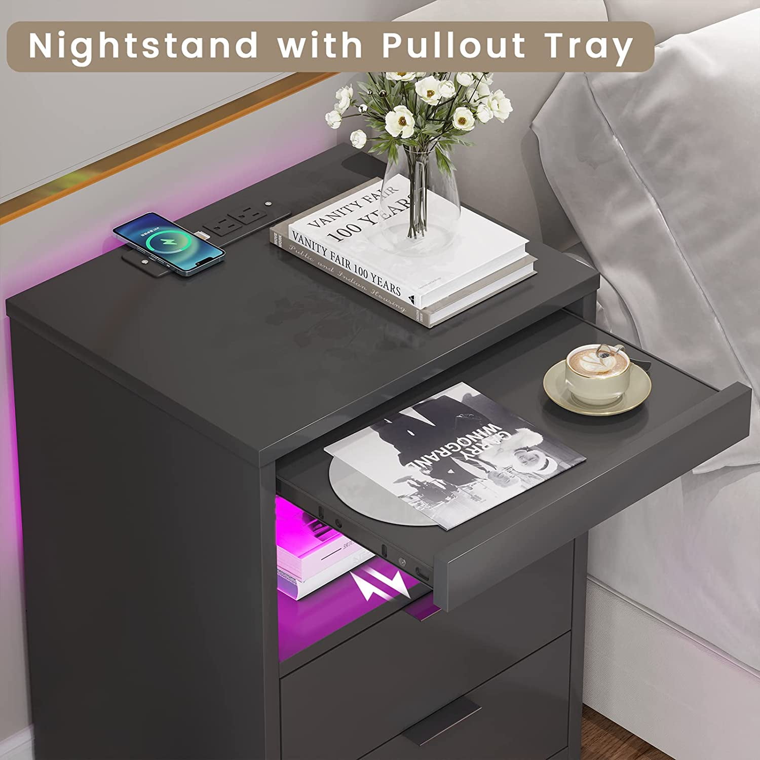 Afuhokles Nightstand with Wireless Charging Station 2 Drawers, Wooden Sofa Bedside Table with with LED Lights,Black